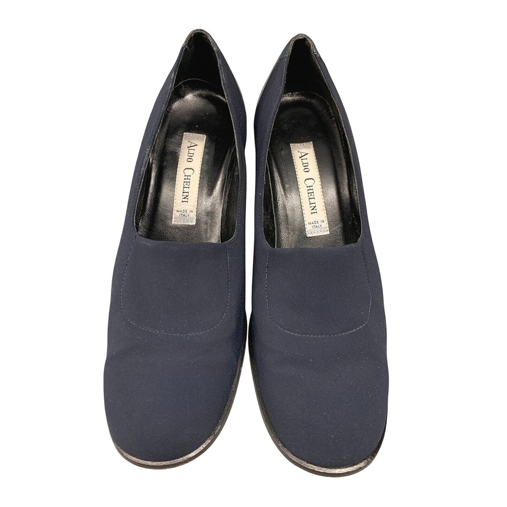 Aldo Chelini Square Toe Block Heel Pumps Womens 8.5 Navy Leather Slip On Italy